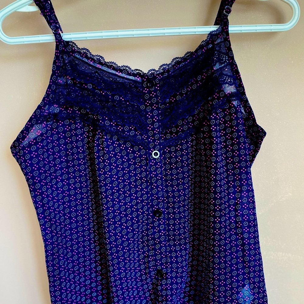 Blue Sheer Faux Button Top with Lace Detail